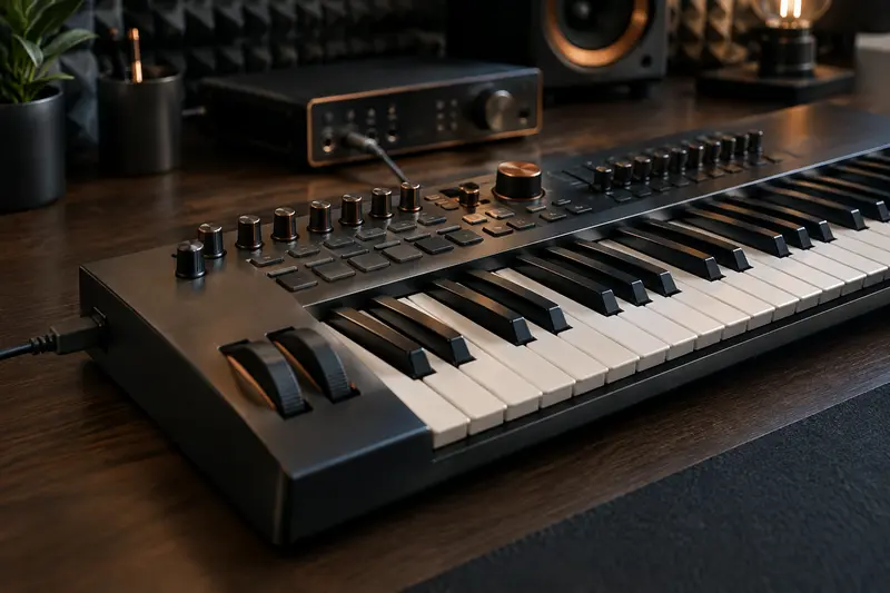 Clavier maître MIDI avec molettes et connexion USB sur un bureau
