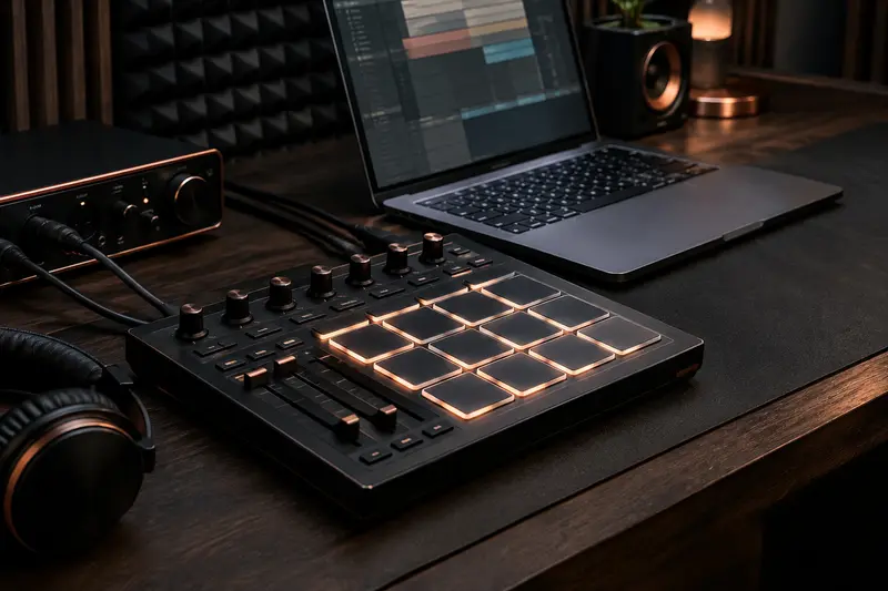 Contrôleur MIDI à pads installé près d’une interface audio