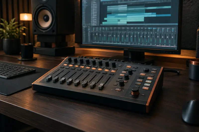 Surface de contrôle DAW avec faders installée devant un écran de studio