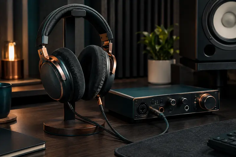 Casque de studio posé près d’une interface audio de bureau
