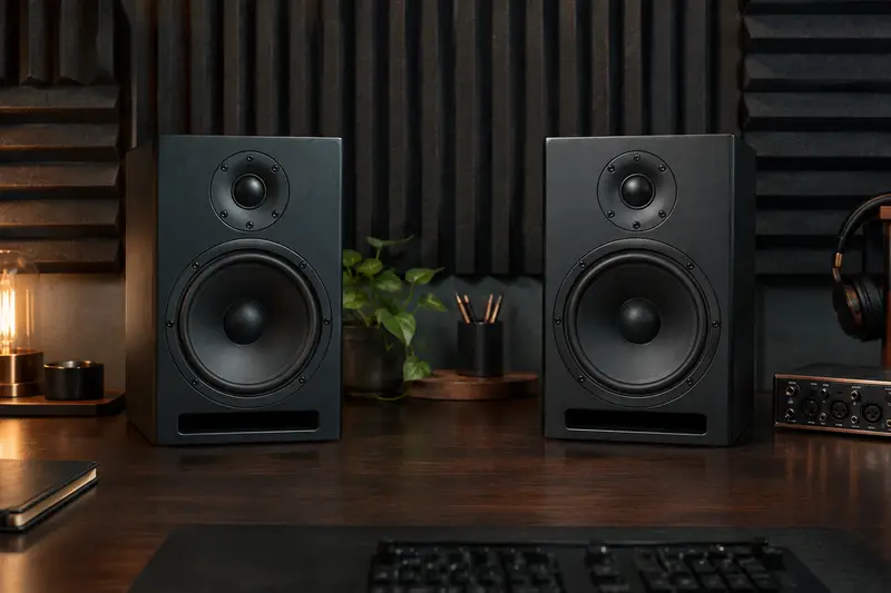 Paire d’enceintes de monitoring installées sur un bureau de studio
