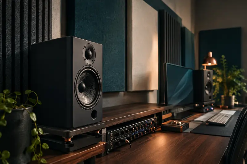 Panneaux acoustiques muraux installés derrière une enceinte de monitoring