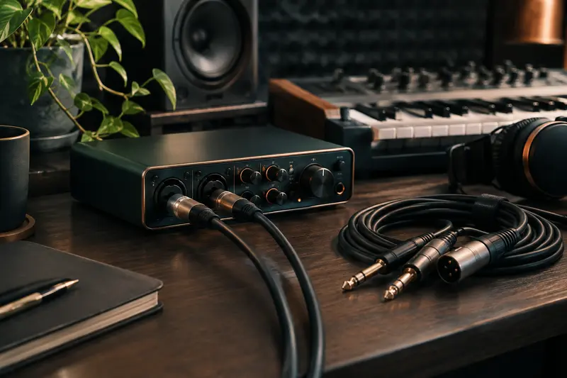 Interface audio et câbles de connexion installés sur un bureau de studio