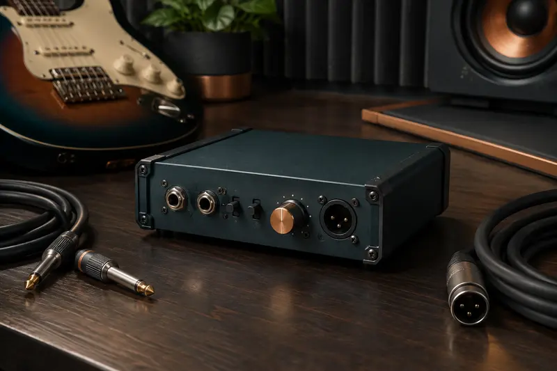 Boîte de direct DI avec câbles jack et XLR près d’une guitare