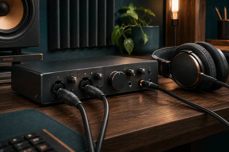 Interface audio de bureau avec entrées combo et casque de studio