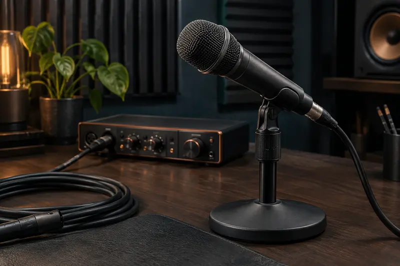 Microphone dynamique XLR posé sur un pied dans un home-studio