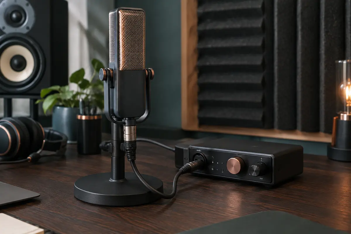 Microphone à ruban relié par un câble XLR à une interface audio dans un home-studio