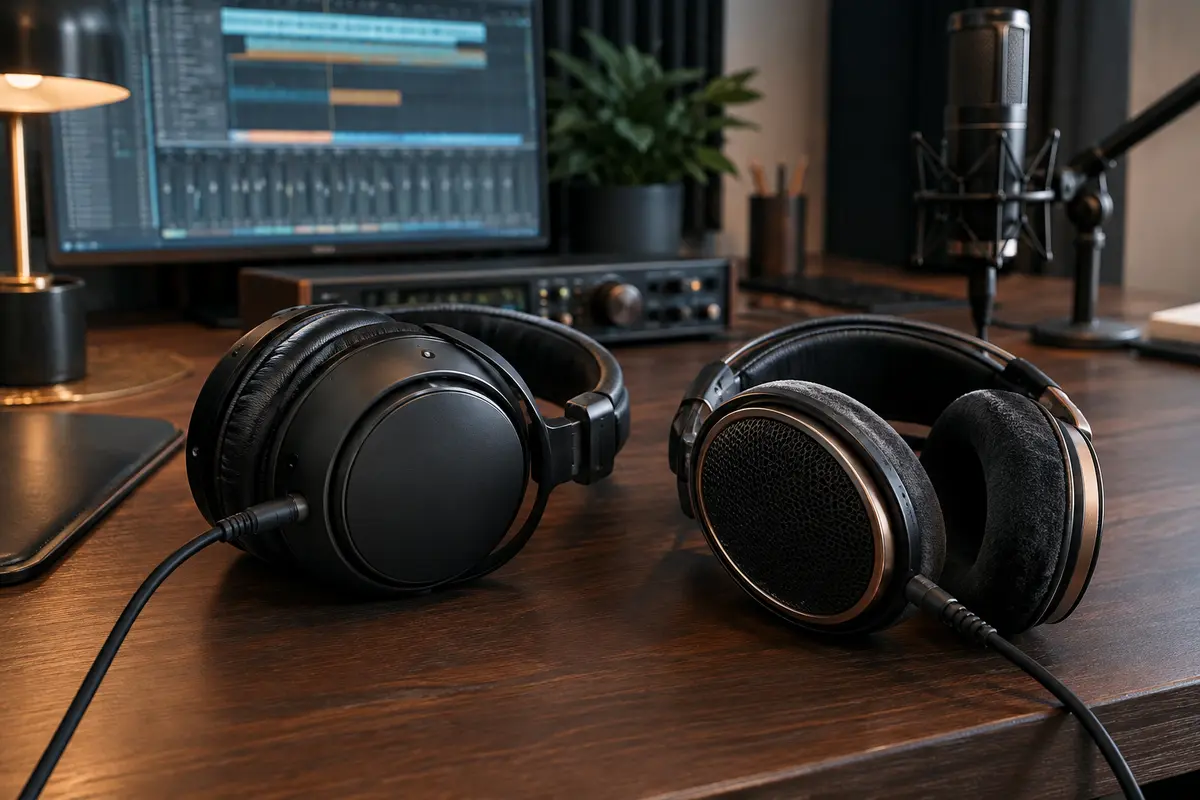 Casques de studio ouvert et fermé posés sur un bureau de home-studio avec interface audio et microphone