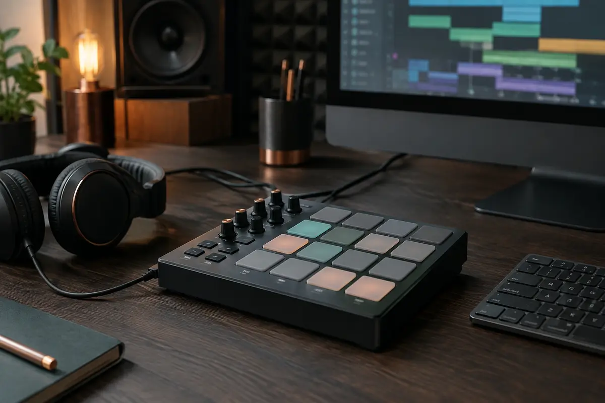Contrôleur à pads MIDI installé sur un bureau de home-studio avec un casque et un câble USB