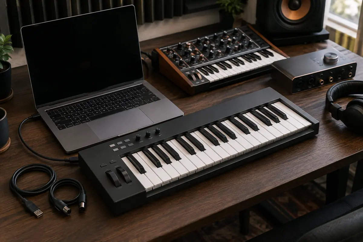 Clavier maître, câbles USB et MIDI DIN, synthétiseur et interface audio dans un home-studio