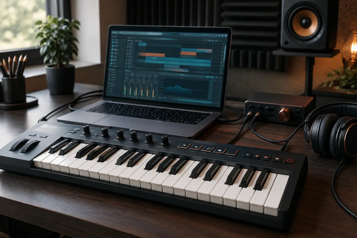 Clavier maître MIDI raccordé à un ordinateur dans un espace de création musicale à domicile