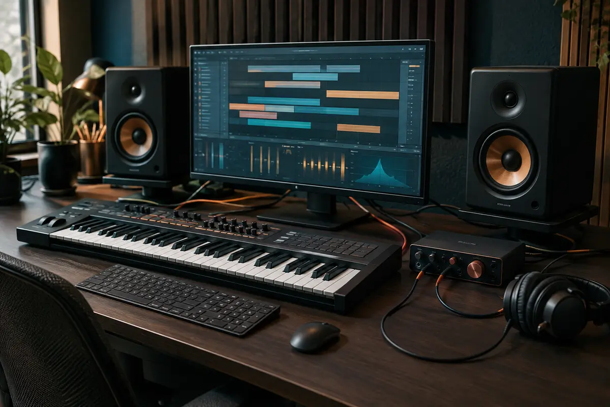 Clavier maître MIDI, ordinateur, interface audio et enceintes dans un home-studio