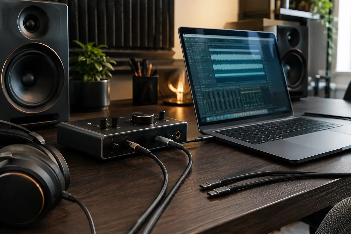 Interface audio et ordinateur portable dans un home-studio, avec câbles USB-C visibles