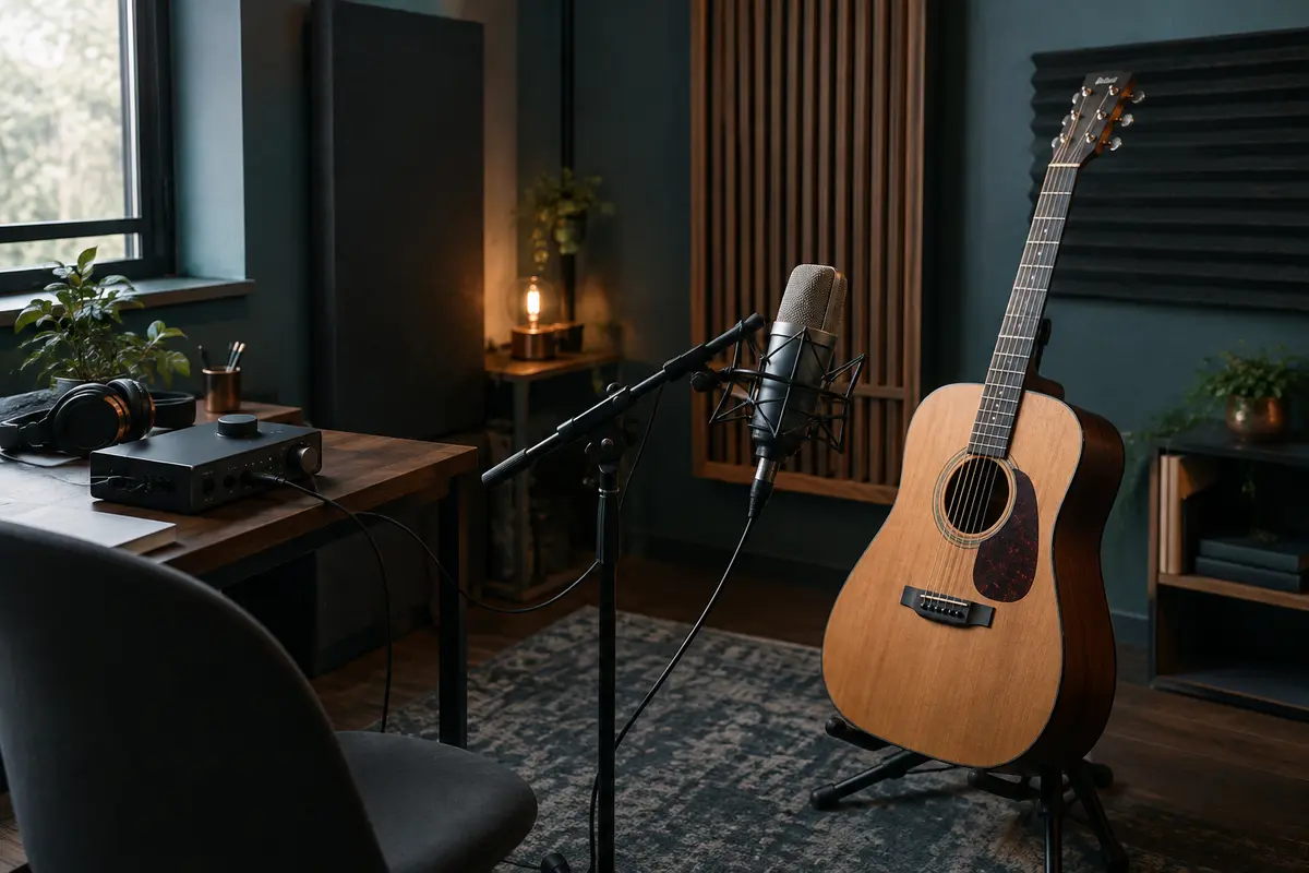 Microphone à condensateur orienté vers une guitare acoustique dans un home-studio traité avec sobriété