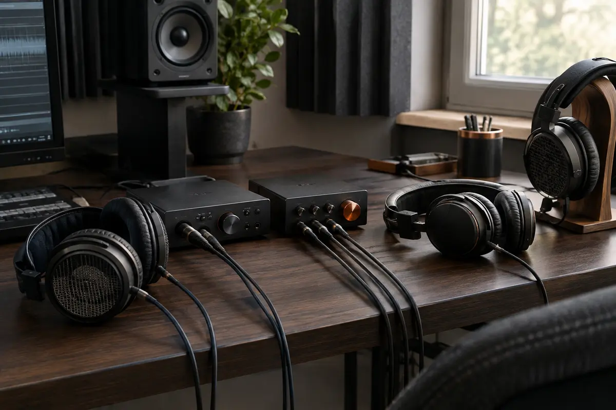 Interface audio raccordée à un amplificateur casque avec plusieurs casques dans un home-studio