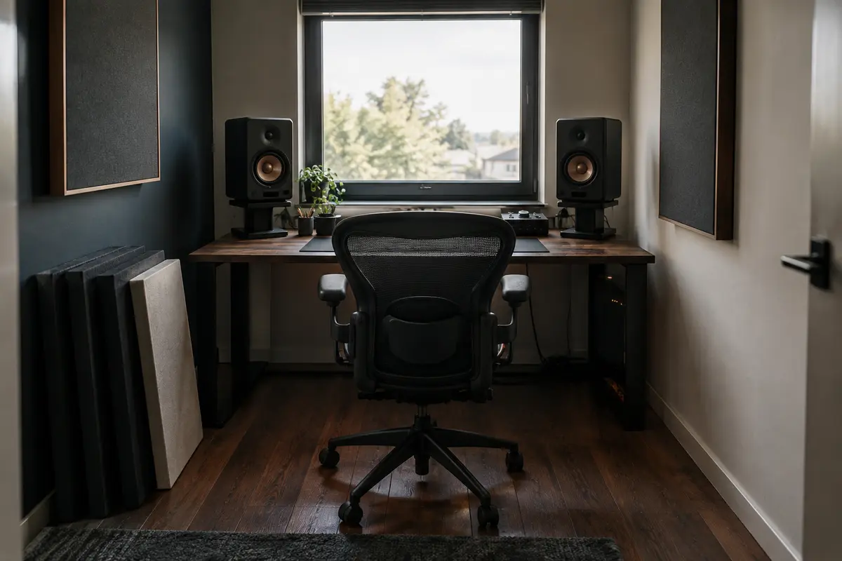 Chambre de home-studio observée avant la pose de panneaux acoustiques, avec enceintes et bureau visibles.