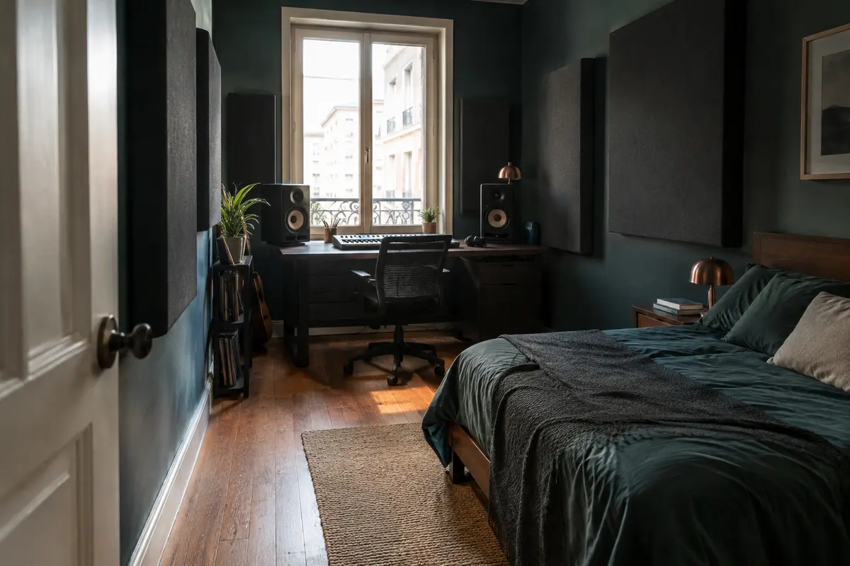Panneaux acoustiques posés près du bureau dans une chambre de studio, avec fenêtre et porte dégagées.