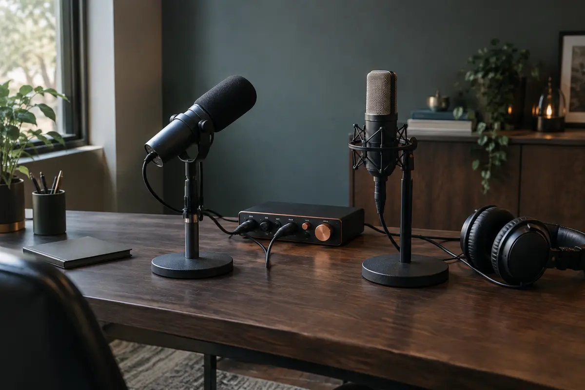 Deux microphones de studio sur un bureau de home-studio peu traité, près d’une interface audio et d’un casque.