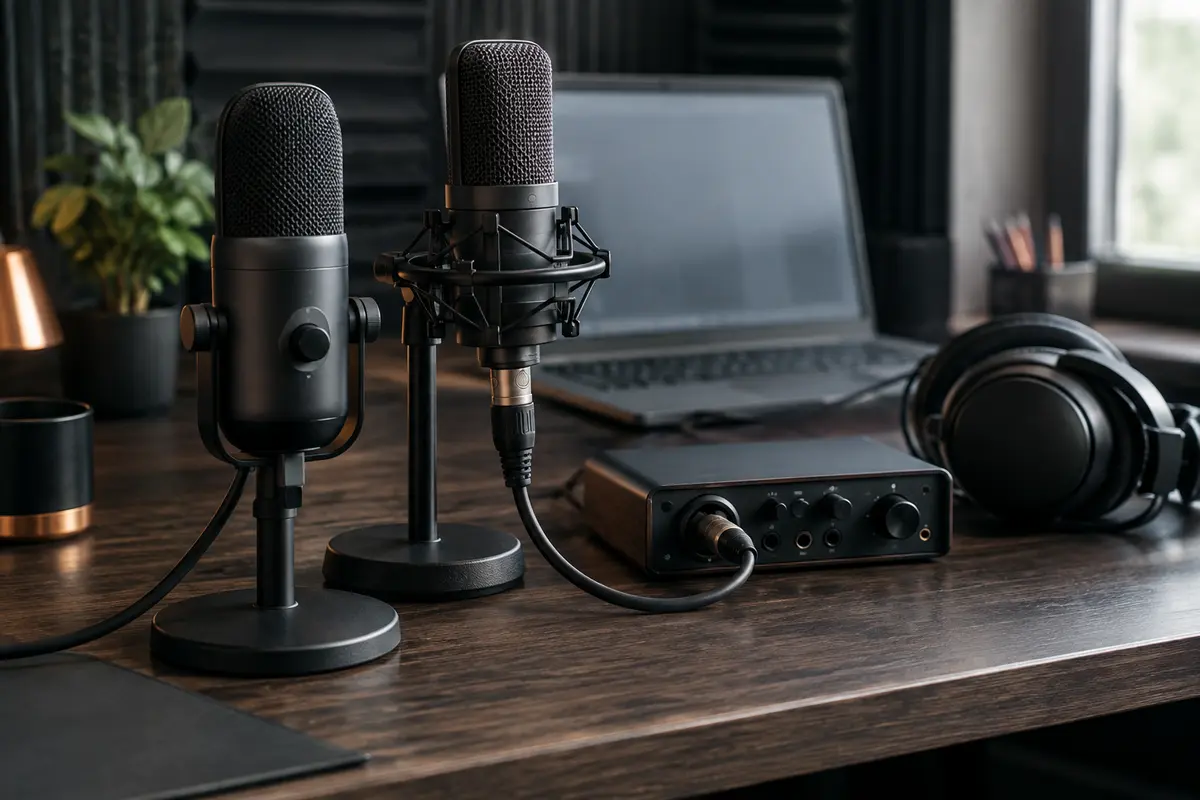 Micro USB et micro XLR côte à côte près d’une interface audio et d’un casque de studio