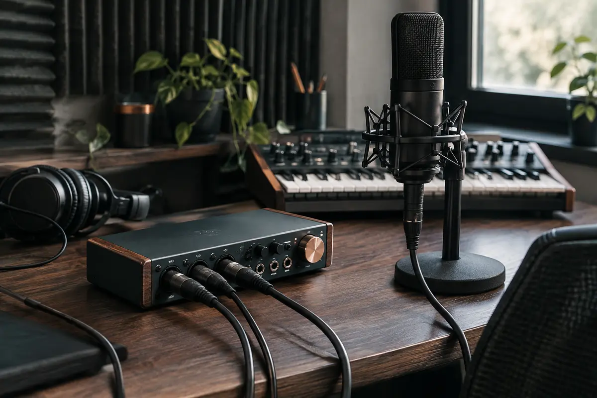 Interface audio raccordée à un microphone et à un synthétiseur dans un home-studio.