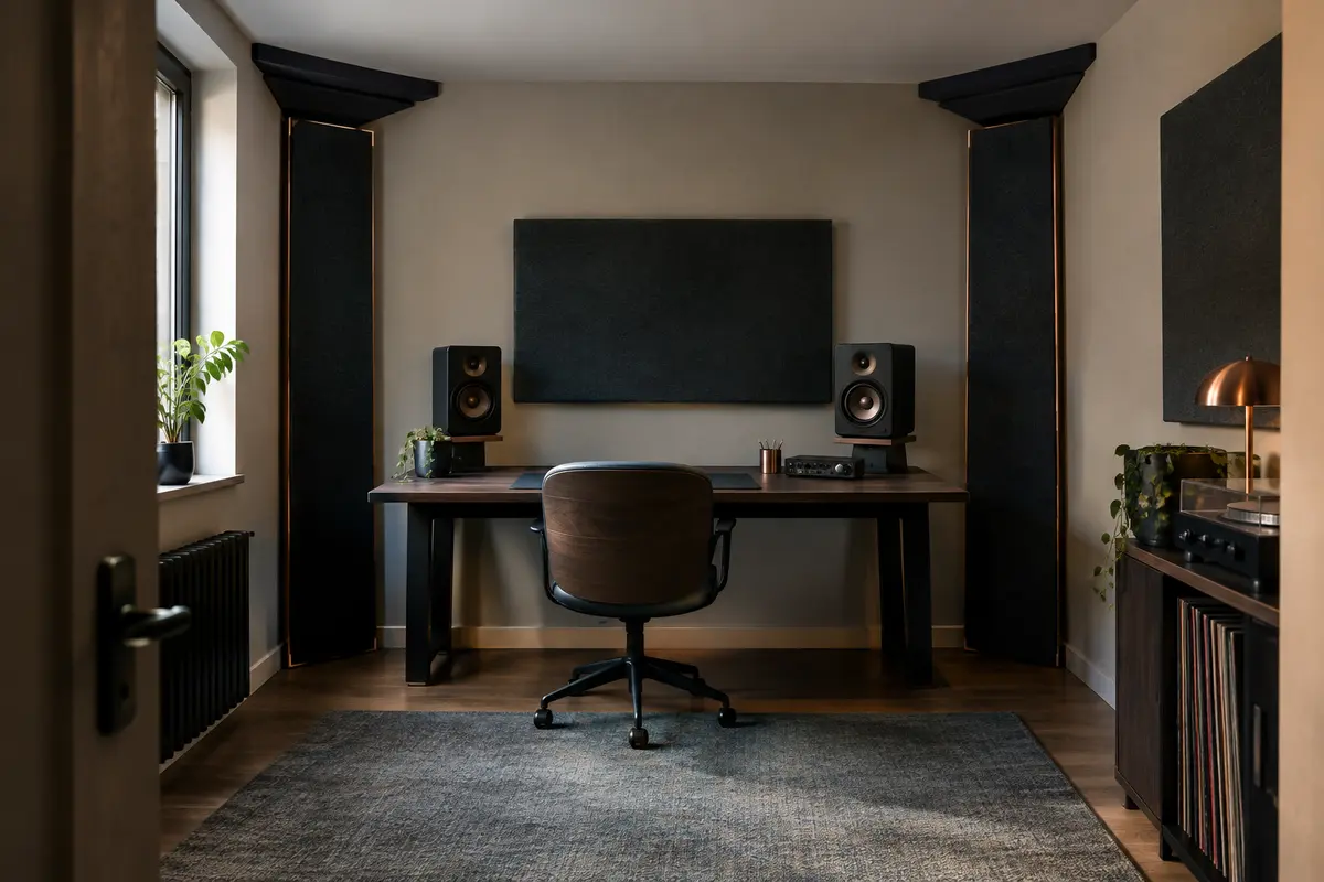 Petit home-studio avec des pièges à basses installés dans les angles autour de la zone d’écoute