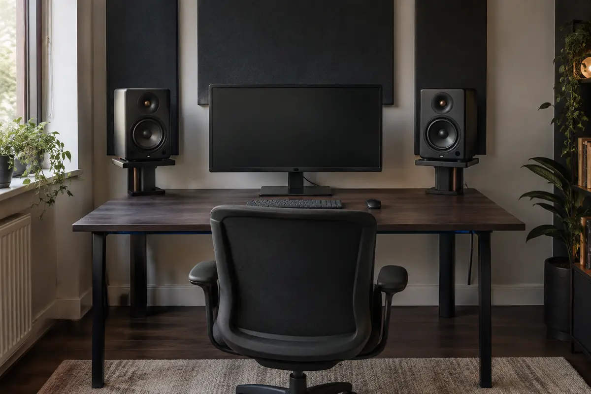 Enceintes de monitoring orientées vers une chaise sur un petit bureau dégagé