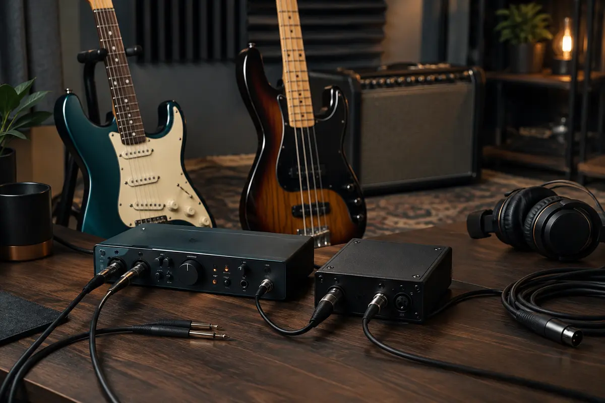 Guitare, basse, interface audio et boîte de direct reliées par des câbles jack et XLR