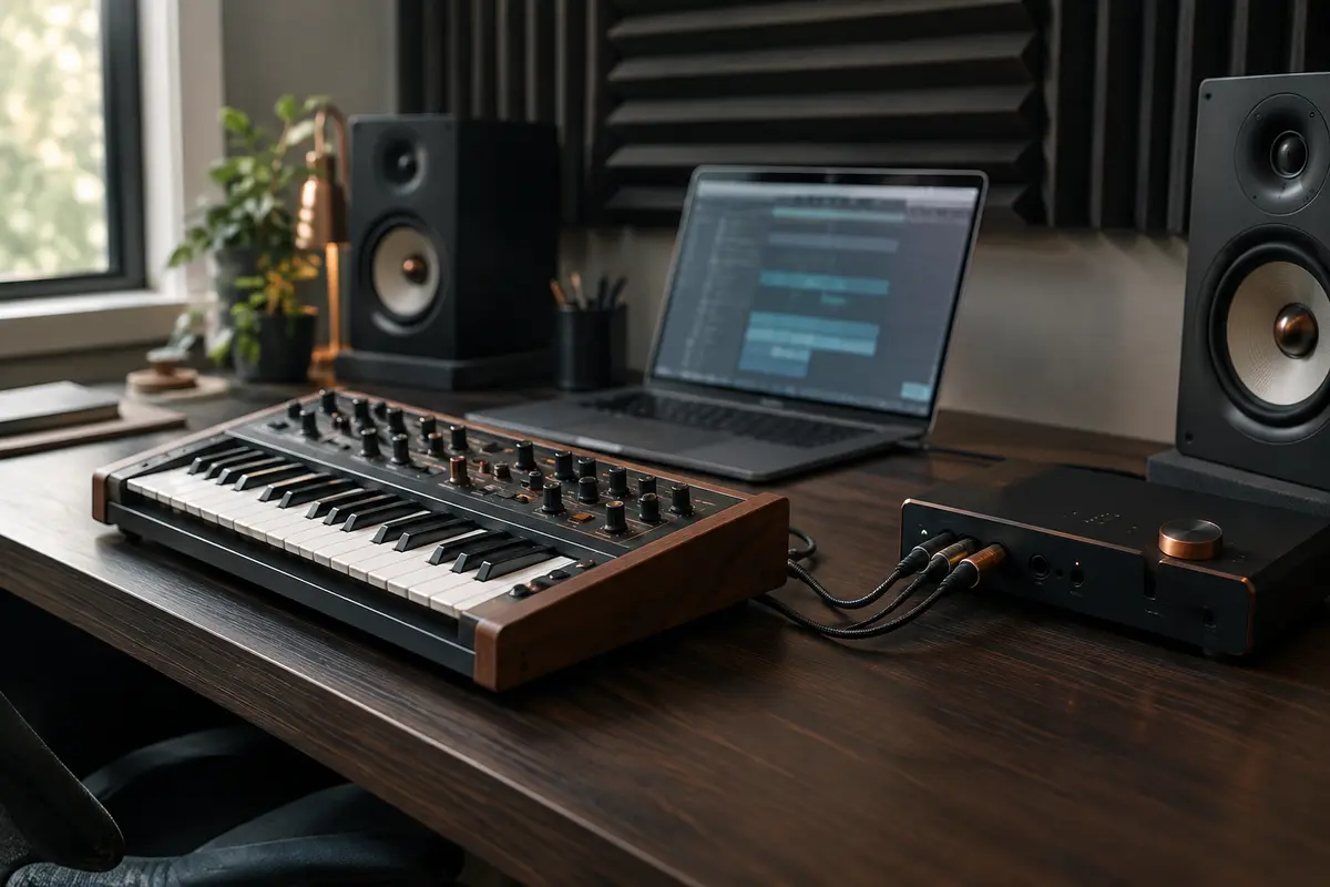 Synthétiseur relié par des câbles jack à une interface audio sur un bureau de home-studio