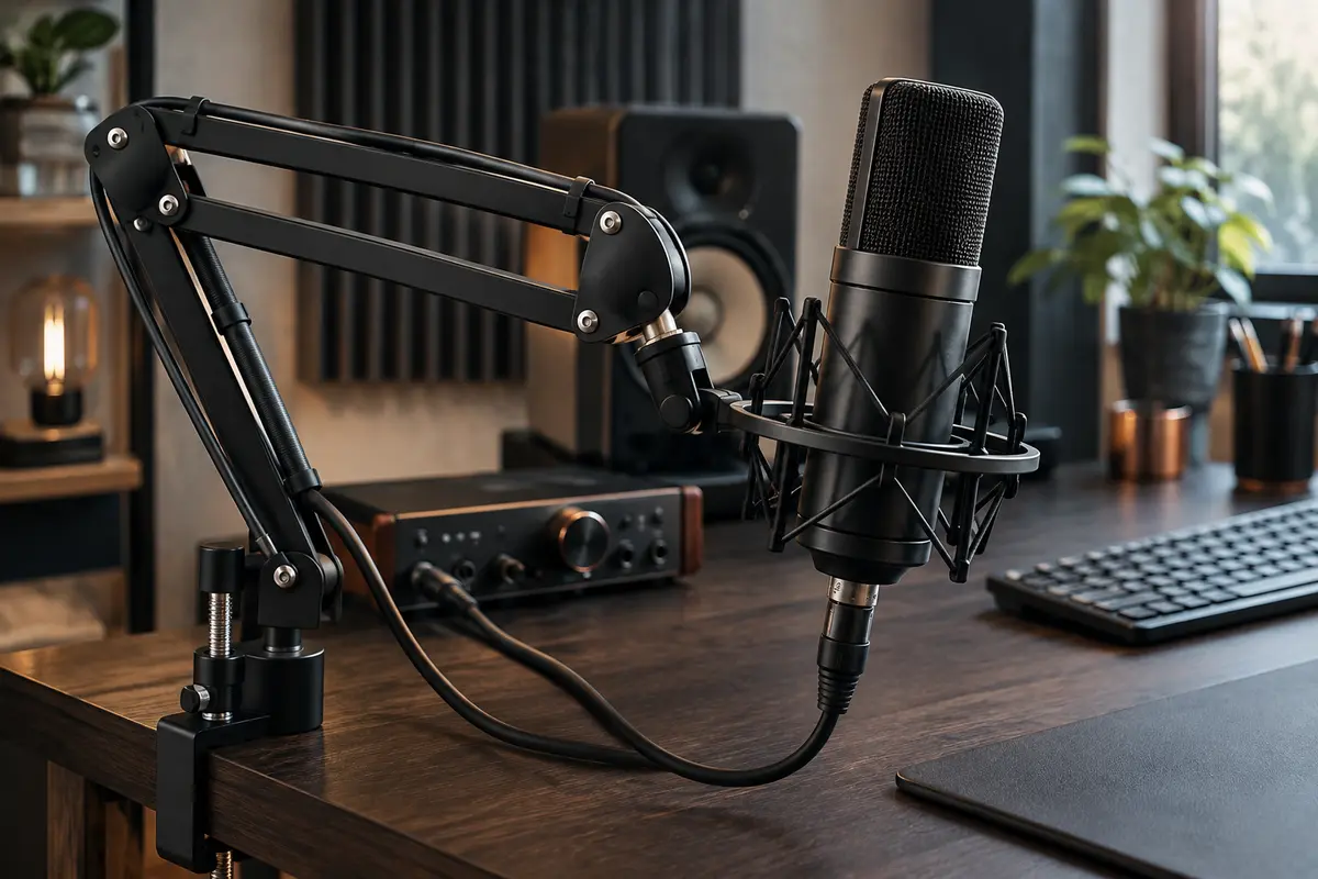 Microphone de studio dans une suspension antichoc sur un bras fixé à un bureau