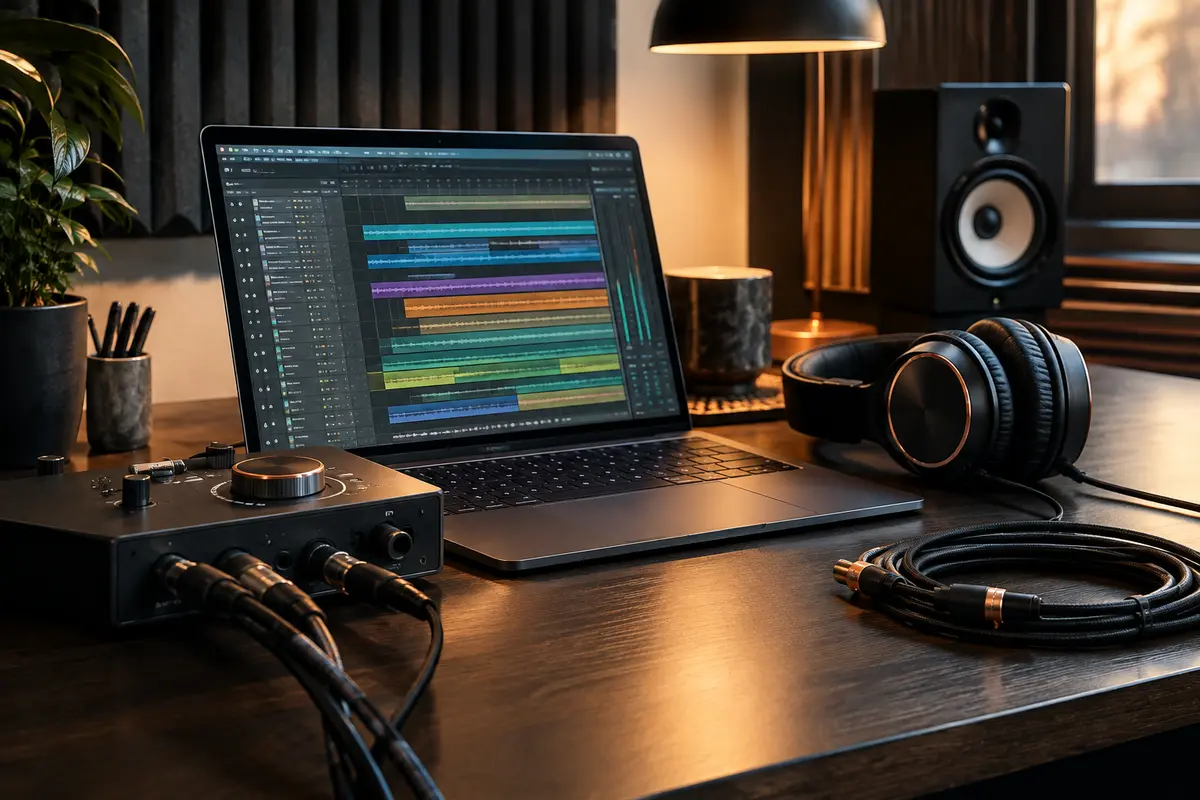 Interface audio, casque de studio et ordinateur préparé pour tester une session d’enregistrement multipiste