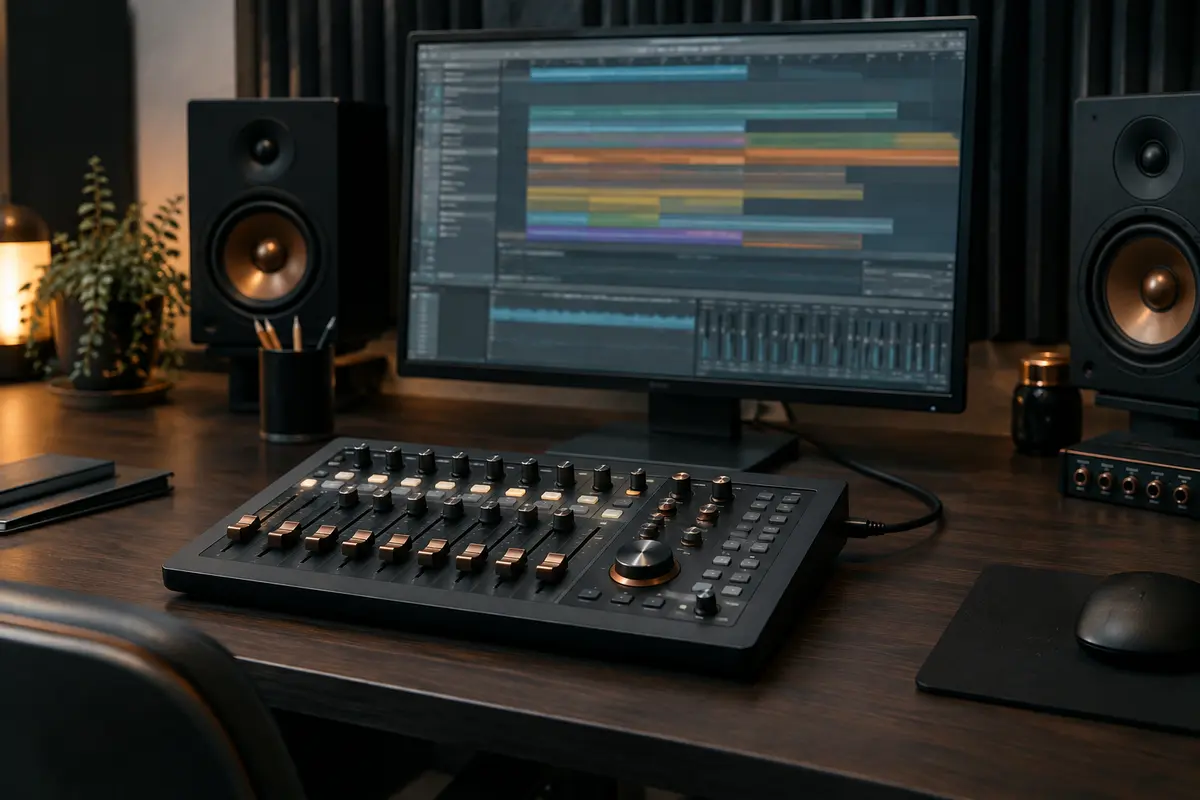 Surface de contrôle audio reliée à un ordinateur dans un bureau de home-studio