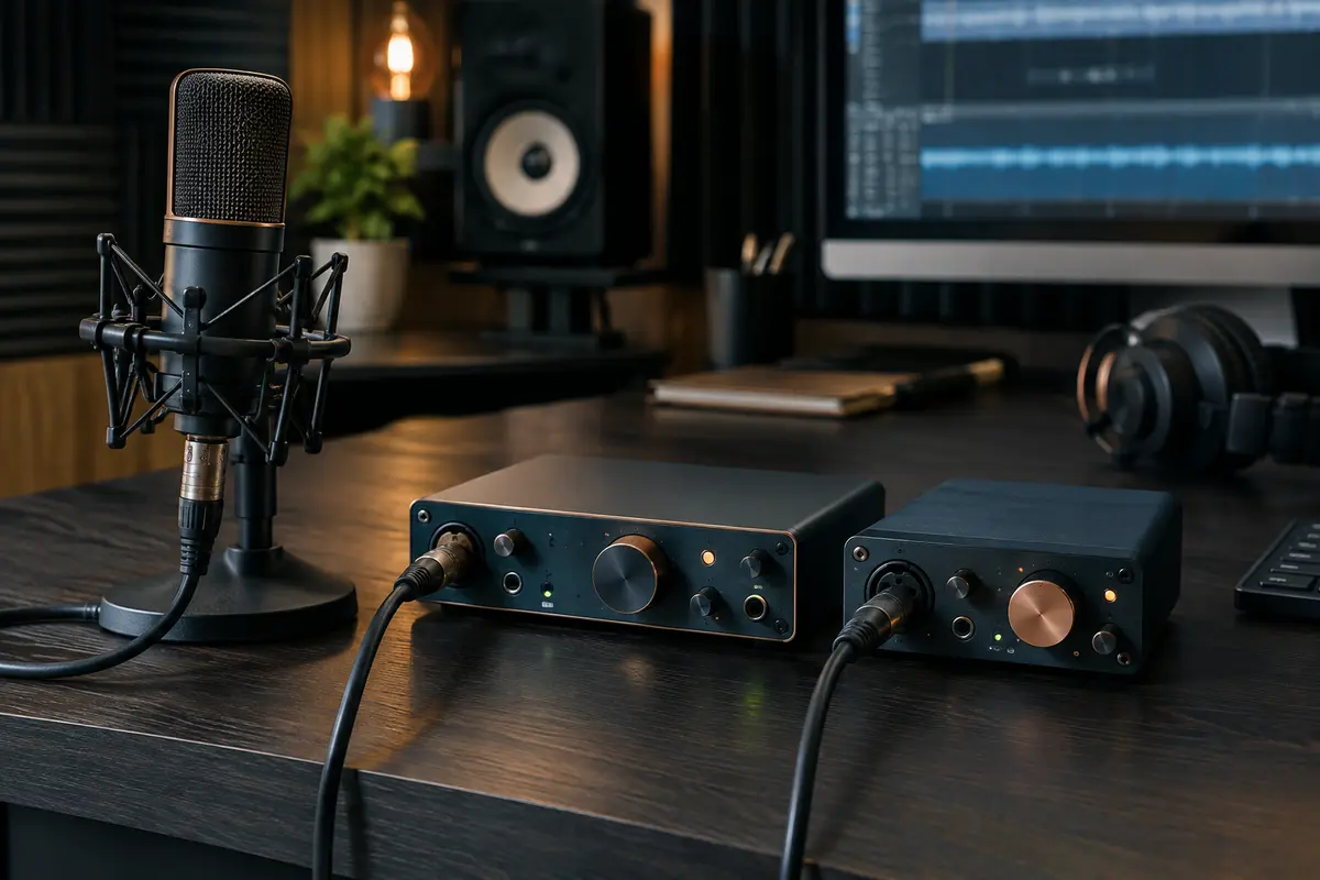 Préampli micro externe relié à une interface audio dans un studio d’enregistrement à domicile