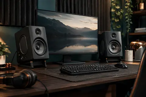 Paire d’enceintes ADAM Audio D3V noires installées sur un bureau de home-studio