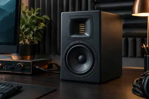 Enceinte de monitoring noire à deux voies installée sur un bureau en bois sombre de home-studio.