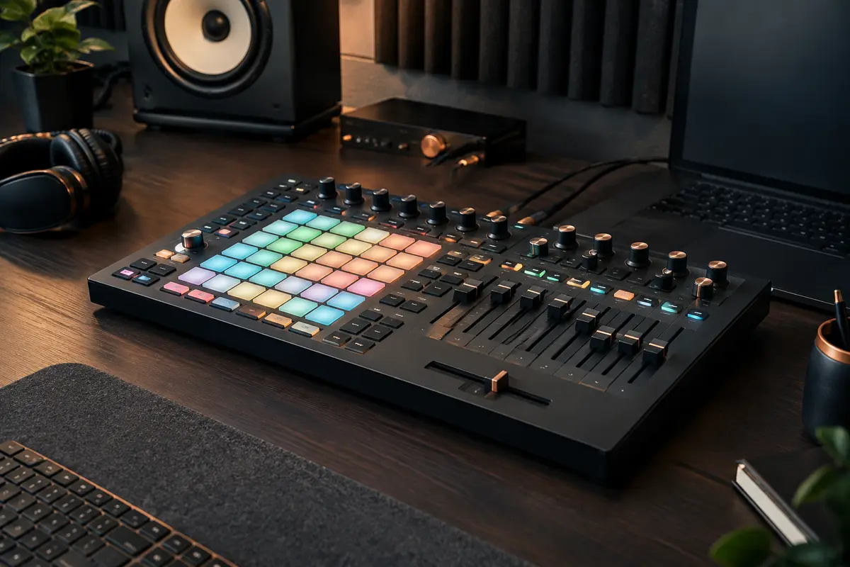 Contrôleur MIDI noir avec pads RGB, boutons et faders posé sur un bureau de home-studio.