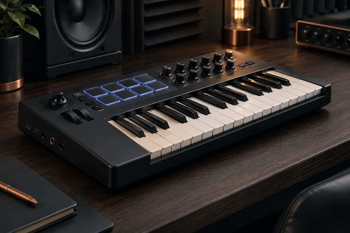 Clavier maître MIDI compact noir posé sur un bureau de home-studio avec pads et commandes visibles