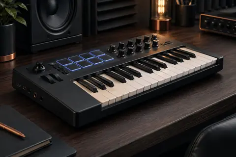 Clavier maître MIDI compact noir posé sur un bureau de home-studio avec pads et commandes visibles