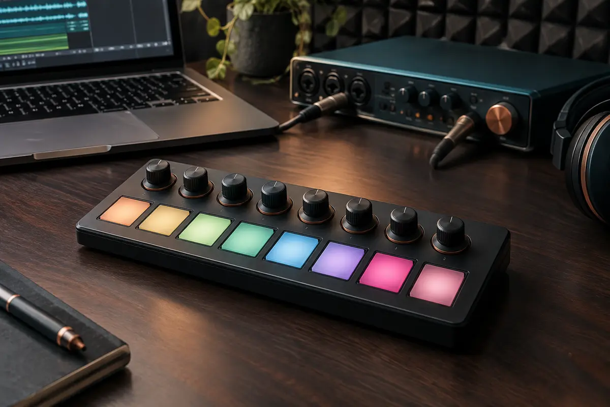Contrôleur MIDI noir avec huit pads RGB et huit molettes, posé sur un bureau de home-studio.