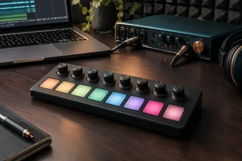 Contrôleur MIDI noir avec huit pads RGB et huit molettes, posé sur un bureau de home-studio.