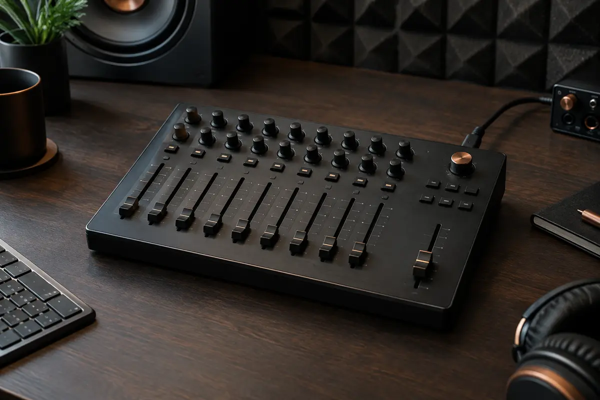 Contrôleur MIDI compact noir avec faders, potentiomètres et boutons sur un bureau de home-studio