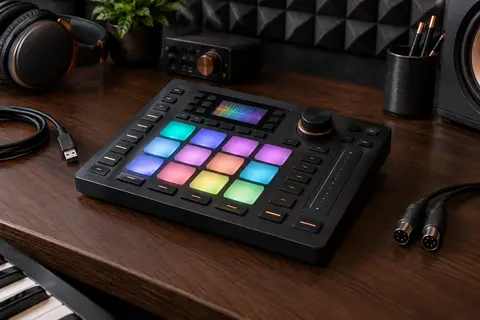 Contrôleur de pads noir avec écran couleur, ruban tactile et pads RVB sur un bureau de home-studio