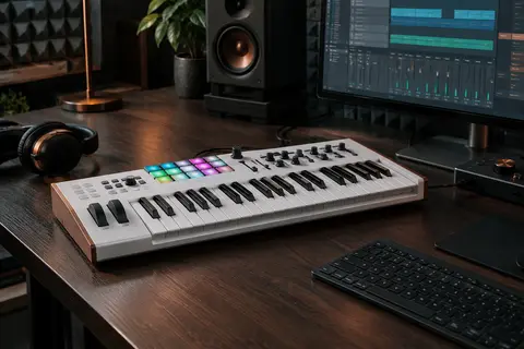 Clavier maître MIDI blanc à mini-touches et pads RGB posé sur un bureau de home-studio sombre.