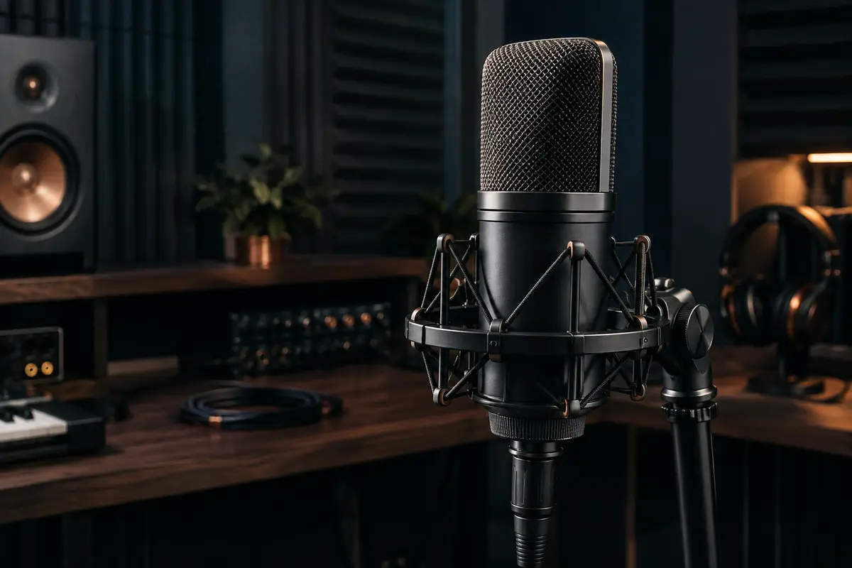 Microphone de studio noir à grand diaphragme installé sur un pied dans un home-studio sombre