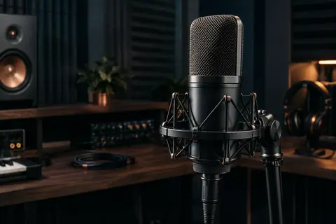 Microphone de studio noir à grand diaphragme installé sur un pied dans un home-studio sombre