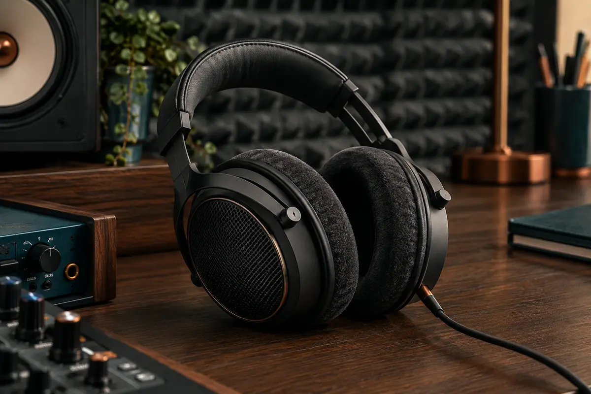 Casque de studio noir semi-ouvert posé sur une console en bois sombre dans un home-studio
