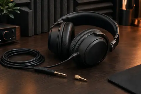 Casque de studio AKG K52 fermé avec câble fixe, posé sur un bureau en bois sombre.