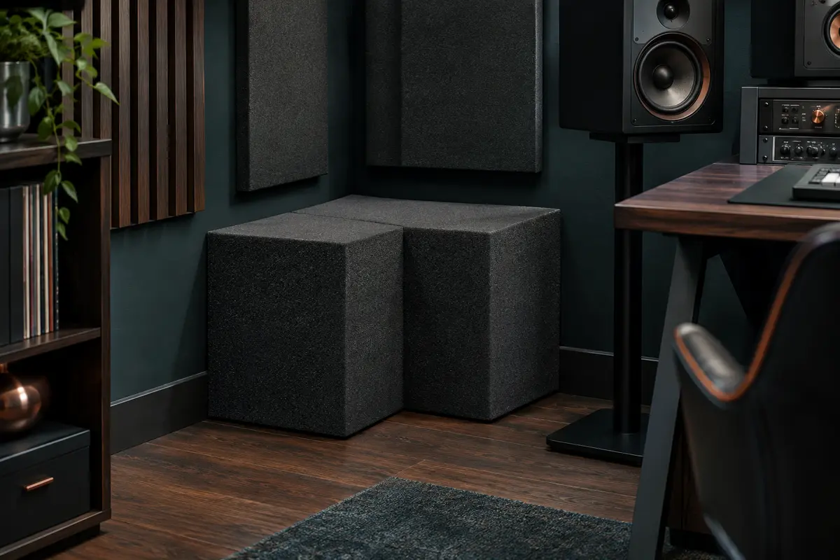 Deux pièges à basses cubiques gris anthracite installés dans les angles d’un home-studio rangé
