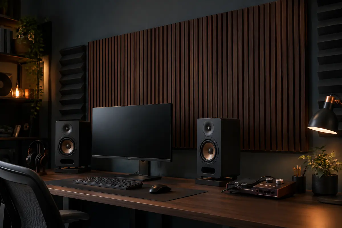 Panneaux muraux cannelés en MDF au fini noyer foncé installés dans un home-studio rangé.