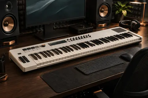 Clavier maître MIDI blanc de 61 touches installé sur un bureau de home-studio rangé