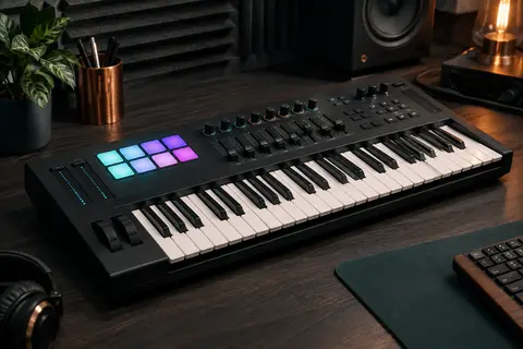 Clavier maître noir de 37 touches installé sur un bureau de home-studio, avec pads RVB et commandes visibles.